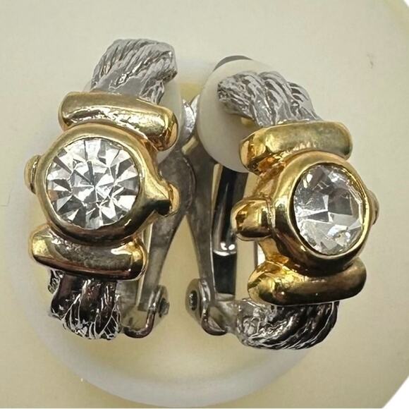 Vintage America Jewelry - Vintage Rhinestone Gold and Silver Tone Clip-On Earrings with Clear Stones